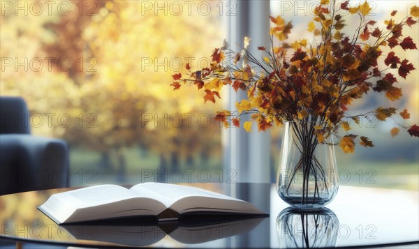 Minimalist table with a couple of books and a vase filled with vibrant autumn leaves AI generated
