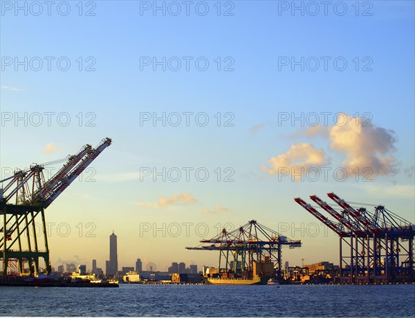 Silhouette of Kaohsiung city seen from the container port terminal