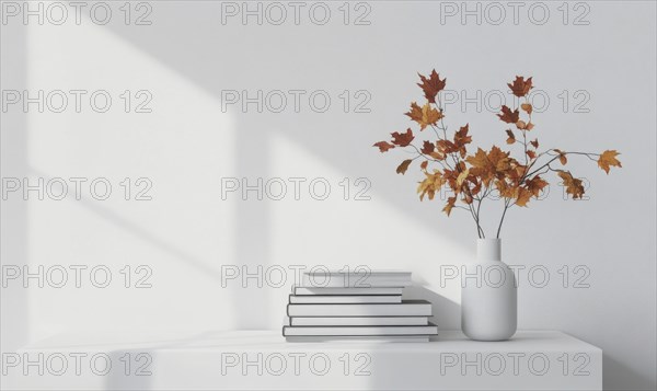 Contemporary white table with a couple of books and a vase of autumn foliage AI generated