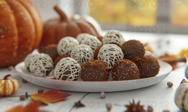 Pumpkin spice truffles arranged on a plate with small pumpkins AI generated