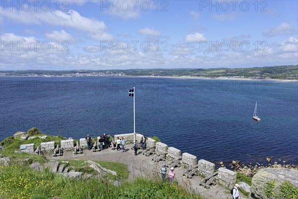 View of coast from fortress with cannon, St Michaels Mount, Marazion, England, UK