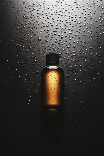 An amber bottle with water droplets, dramatically lit against a dark background, AI generated
