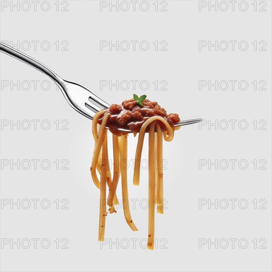A simple and clean forkful of spaghetti topped with meat sauce and a small basil sprig, AI