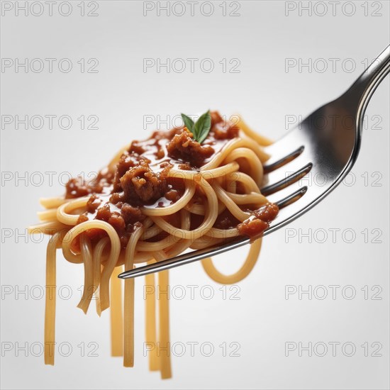 A forkful of spaghetti with savory meat sauce and a small basil leaf in a minimalistic setting, AI