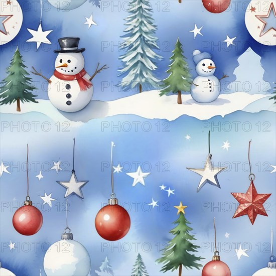 Snowmen and decorated Christmas trees against a blue snowy sky adorned with festive ornaments and