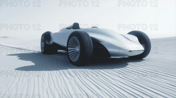 A sleek, futuristic car drifts through sandy dunes, kicking up clouds of dust. The sun sets in the