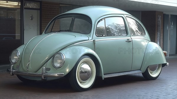 A mint green vintage car is parked on a brick pathway with a cool morning atmosphere, AI generated