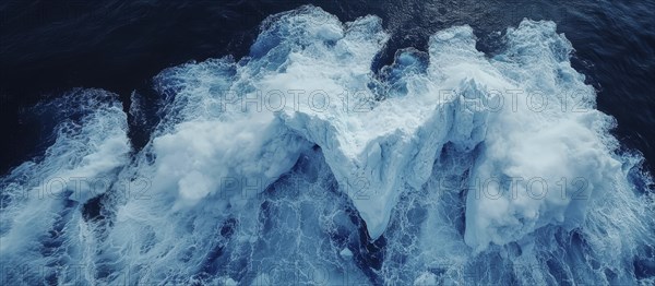 Powerful waves crashing against ice formations, viewed from above, AI generated