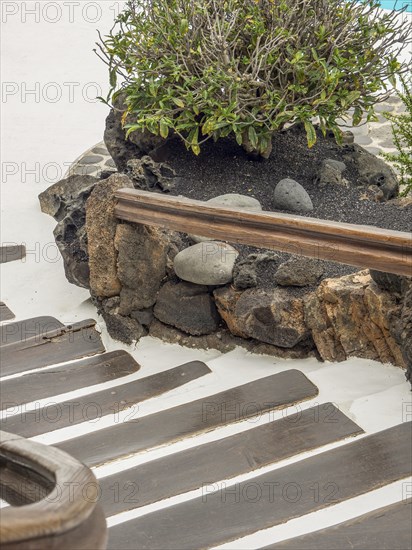 Modern outdoor staircase with stones and plants, lanzarote, Canary Islands, Spain, Europe