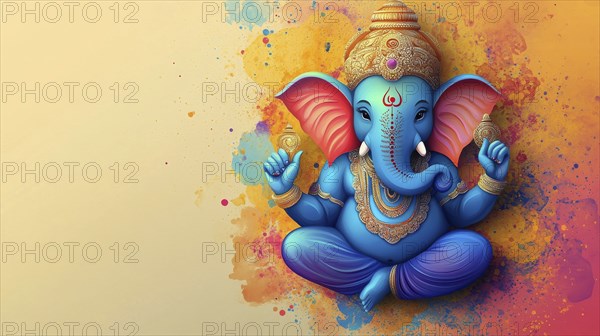 Blue Ganesha on a colorful backdrop radiating peaceful vibes, AI generated