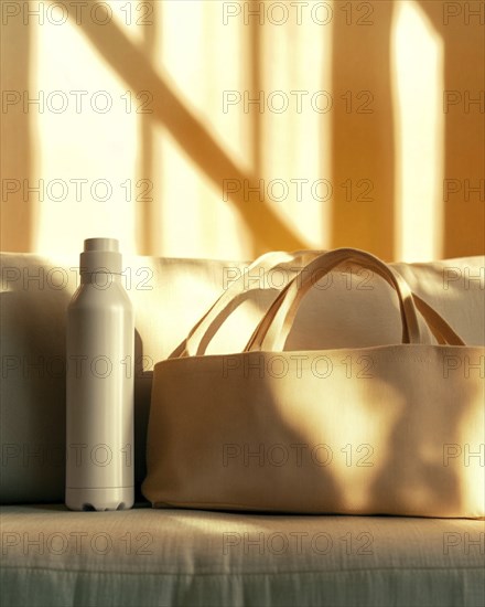 A white bottle and a beige bag on a fabric sofa with golden morning light and soft shadows,