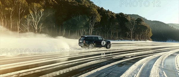 SUV drifting on a snowy road through a forest, leaving a trail of snow behind, AI generated
