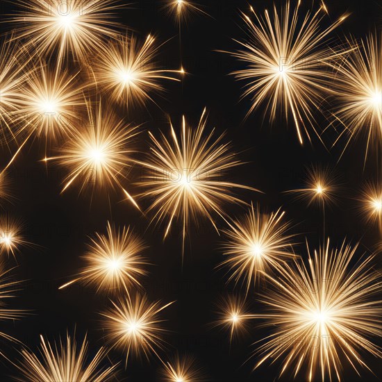 Multiple fireworks explode in the night sky, displaying a bright and joyful celebration with golden