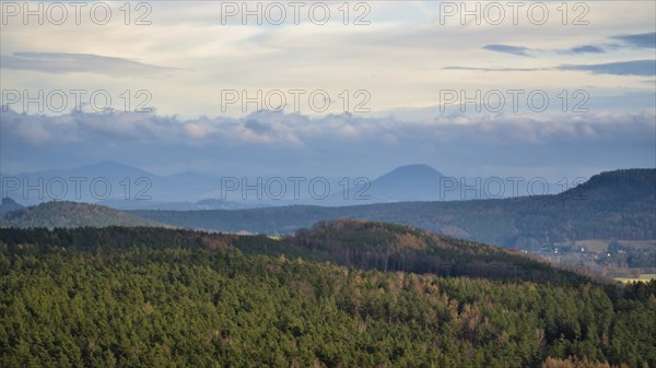 View from the Pfaffenstein. Forests, mountains, vastness, panorama. Landscape from the Elbe