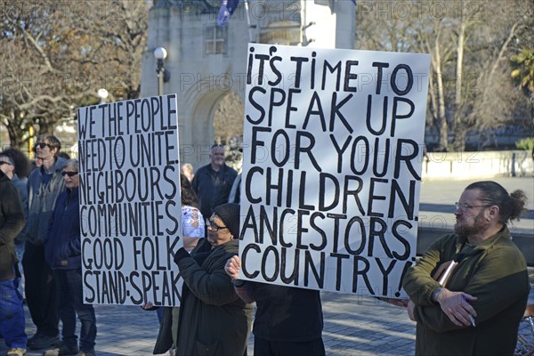 CHRISTCHURCH, NEW ZEALAND, JULY 24, 2021, Detail of a placard at a protest rally at the Bridge of