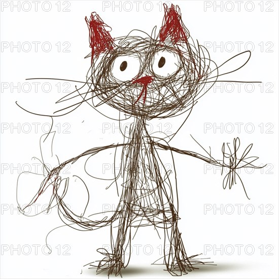 A scribbled cat with red ears, drawn in chaotic lines, giving a whimsical and childlike appearance,