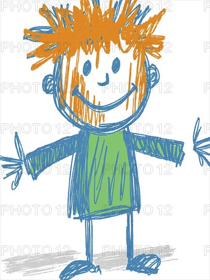 A playful childlike drawing of a stick figure with orange hair and colorful outfit, AI generated
