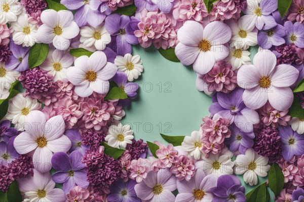 A delicate floral wreath made of pink, purple, and white flowers with green leaves, AI generated