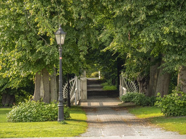 Park path with trees, lantern and bridge, dornum, east frisia, germany
