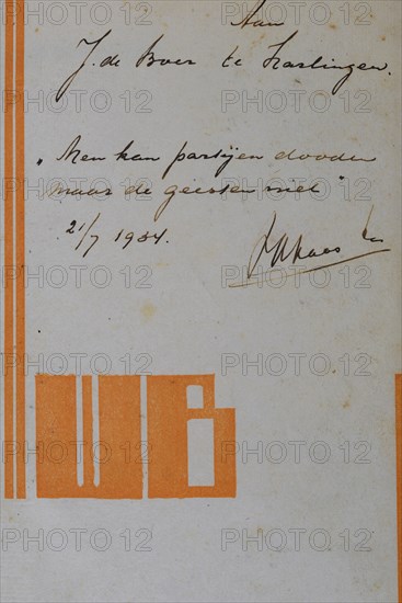 Den Helder, October 28, 2023. The cover of an old copy of Max Havelaar with an inscription on the
