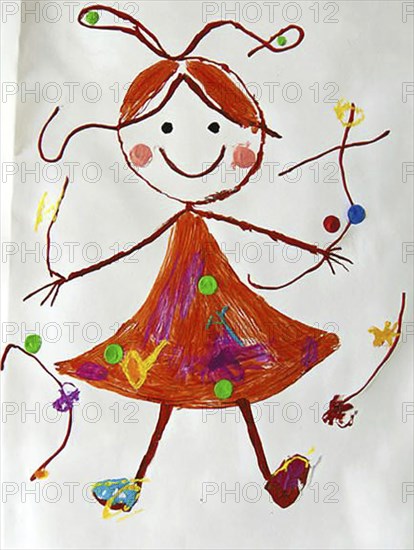 A whimsical childlike drawing of a girl with a colorful dress and playful elements, AI generated