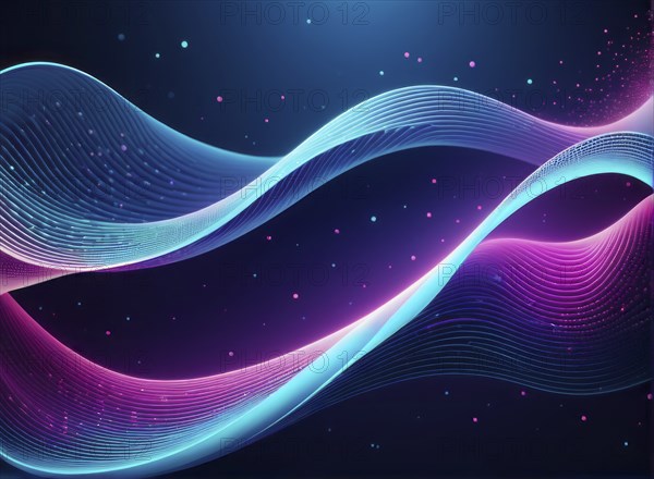 Neon blue and pink waves of light on a dark background create a glowing and ethereal abstract