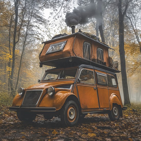 Orange vintage car with rooftop tent van in a foggy autumn forest, with smoke coming out of a