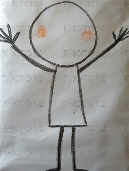 A simple stick figure with pink cheeks and outstretched arms on a light background, AI generated