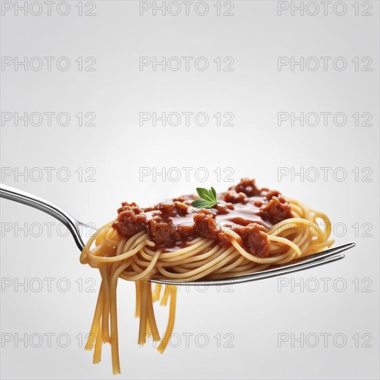 A close-up of a fork with spaghetti covered in meat sauce decorated with a basil leaf, AI generated