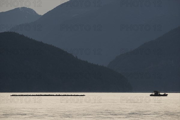 Ship pulling a raft through Howe Sound in British Columbia, Canada, North America