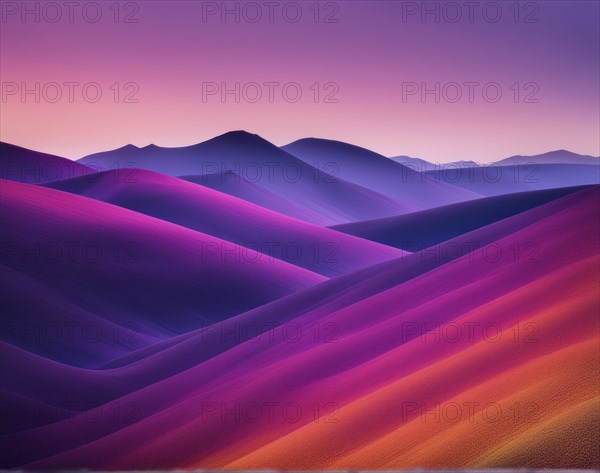 Vibrant desert landscape with pink and purple sand dunes under a warm sunset, AI generated