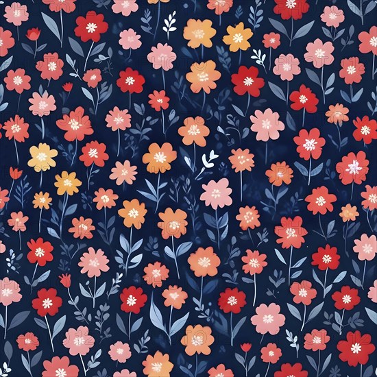 Dense floral pattern with red and peach flowers on a dark background, evoking a night garden feel,