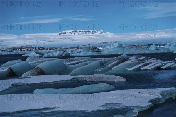 Detail of Jokulsarlon ice lake at night in winter. Iceland