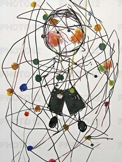 A dynamic mixed media artwork featuring a sketch of a human figure entangled in colorful lines, AI