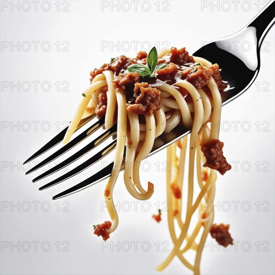 An elegant fork with spaghetti and rich meat sauce garnished with a fresh basil leaf, AI generated