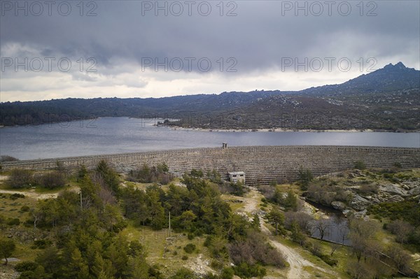 Landscape drone aerial view of Vale do Rossim dam in Serra da Estrela, Portugal, Europe
