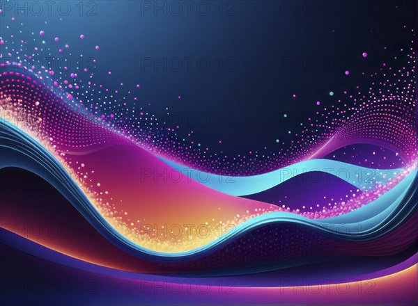 Colorful neon waves in blue and pink flow dynamically against a dark background, creating a vibrant