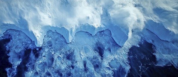 Aerial view of ice cliff meeting the ocean with turbulent waves crashing below, AI generated