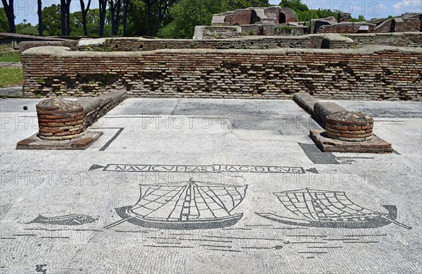 Mosaic with maritime themes, ships, remains of walls