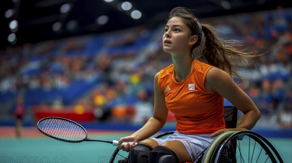 A wheelchair tennis player in an orange shirt looks focused while holding a badminton racket, ready
