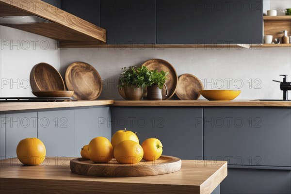 Modern kitchen with grey cabinets, wooden plates, and a bowl of oranges, featuring natural decor,