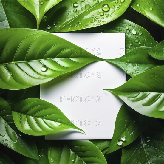 White card framed by lush green leaves with water droplets, giving a fresh botanical backdrop, AI