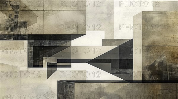 Abstract geometric composition with overlapping rectangles in neutral tones of beige, gray, and