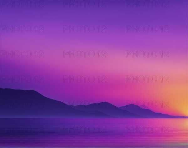Serene gradient sunset behind mountains over calm water with purple and pink tones, AI generated