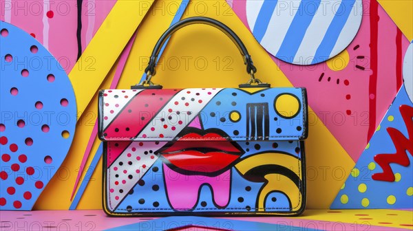 Handbag in pop art style with bright colors, geometric patterns, and abstract design including a