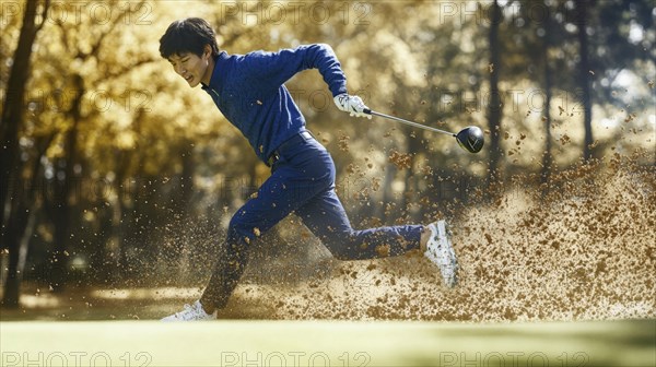 Man in blue outfit running on a golf course, dirt trailing behind, AI generated