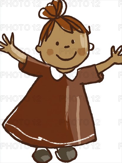 Cartoon drawing of a cheerful girl in a brown dress with arms spread wide, AI generated
