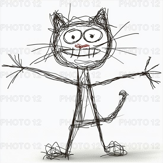 A whimsical child-like sketch of a cat with a simple, scribbled style in black and white, AI