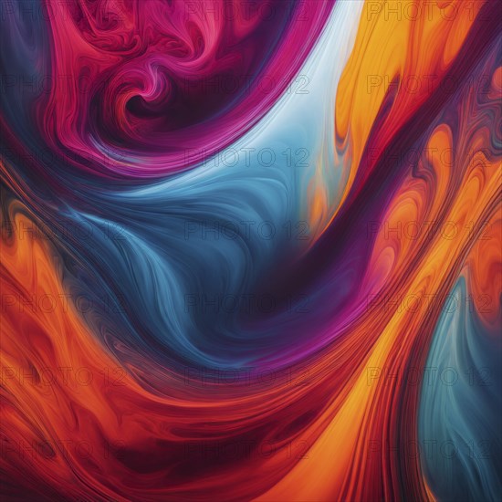 Vibrant swirls of abstract liquid paint in shades of pink, orange, and blue, AI generated