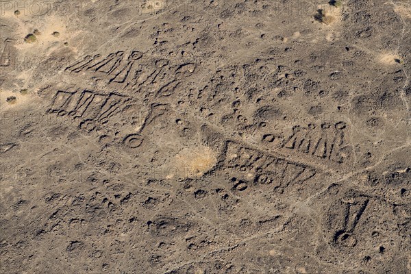 Neolithic stone ritual buildings, so-called mustatils, aerial view, near Khaybar, Medina province,